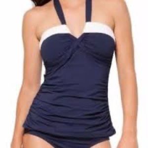 ANNE Cole Navy Blue and White Halter Bandeau Tankini Top Size Small